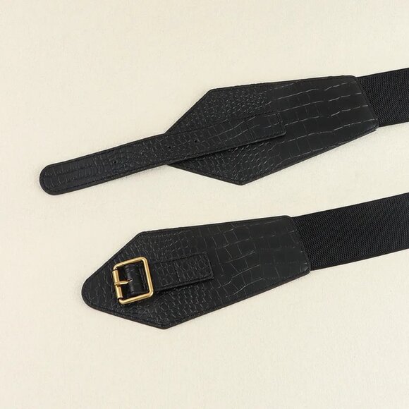 2/$30 Black Crocodile Embossed Wide Waist Belt Gold Buckle Cincher Dress Tunic - Picture 5 of 8